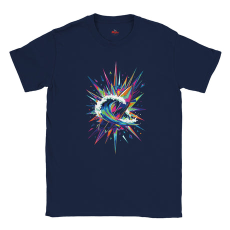 Navy blue t-shirt with a colorful abstract design on a white background