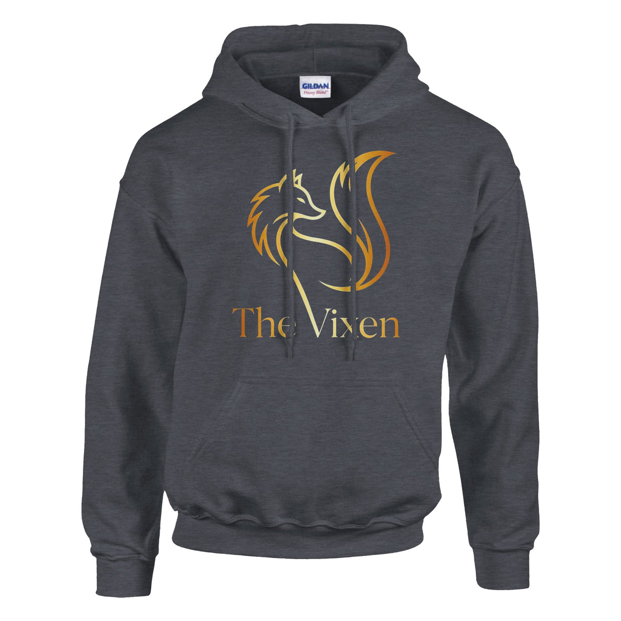 Dark gray hoodie with gold fox logo and 'The Vixen' text on a white background