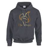 Dark gray hoodie with gold fox logo and 'The Vixen' text on a white background