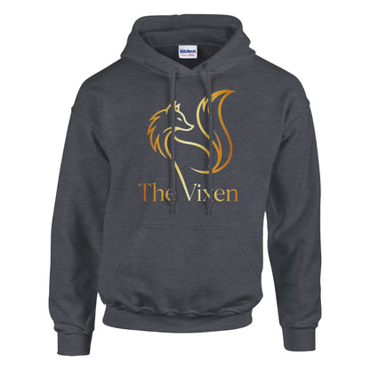 Dark gray hoodie with gold fox logo and 'The Vixen' text on a white background