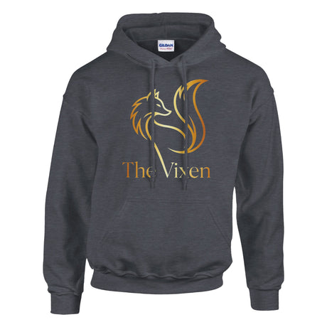Dark gray hoodie with gold fox logo and 'The Vixen' text on a white background