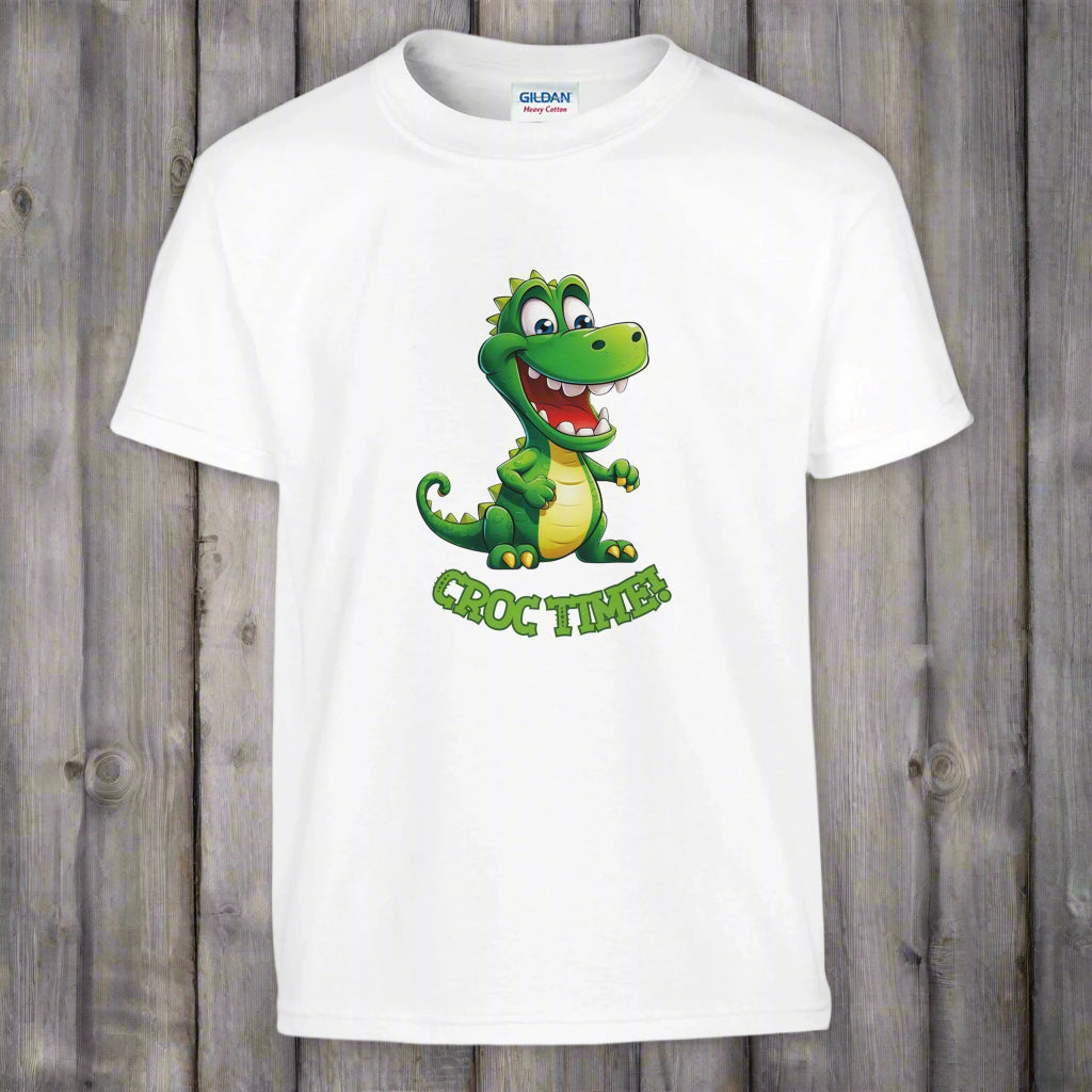 "Cute crocodile kids t-shirt in white with playful croc time design"