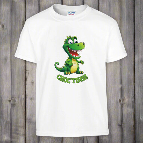 "Cute crocodile kids t-shirt in white with playful croc time design"