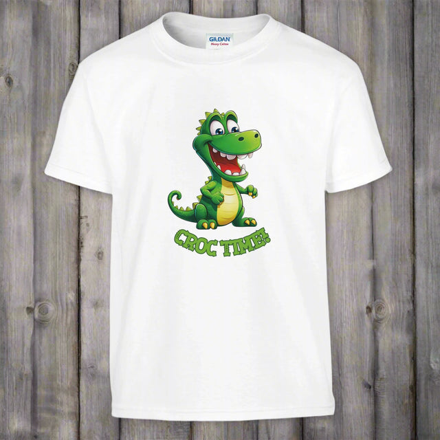 "Cute crocodile kids t-shirt in white with playful croc time design"