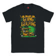 Black t-shirt with 'Going Golfing' graphic design featuring a golf cart and golf clubs on a white background.