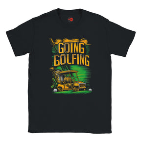 Black t-shirt with 'Going Golfing' graphic design featuring a golf cart and golf clubs on a white background.