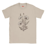  a Natural minimalist poppy flower T-shirt featuring delicate neutral botanical floral line art by MytsDesigns.