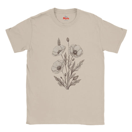  a Natural minimalist poppy flower T-shirt featuring delicate neutral botanical floral line art by MytsDesigns.
