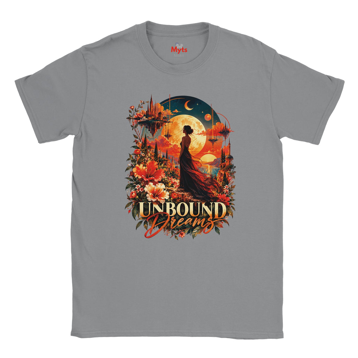 Sports Grey T-shirt with Unbound Dreams artwork featuring floating castles, orange flowers, and a glowing moon.