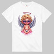 White t-shirt with a graphic of a baby angel wearing sunglasses and a halo.