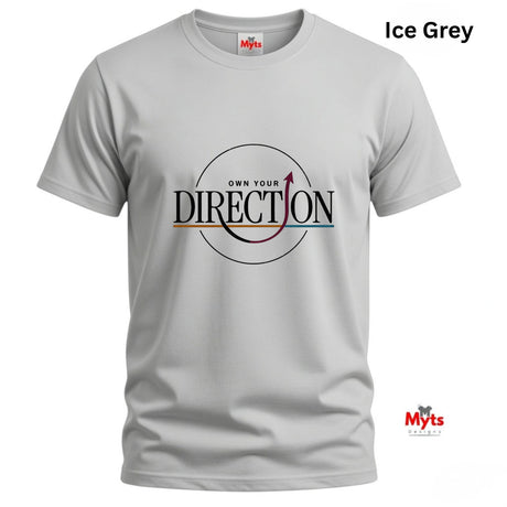 An ice grey short-sleeve crewneck t-shirt featuring a circular graphic on the chest with the text 'OWN YOUR DIRECTION' and a stylized arrow. The shirt is displayed on a clean white background with 'Ice Grey' text in the top right and the 'Myts' brand logo in the bottom right corner.