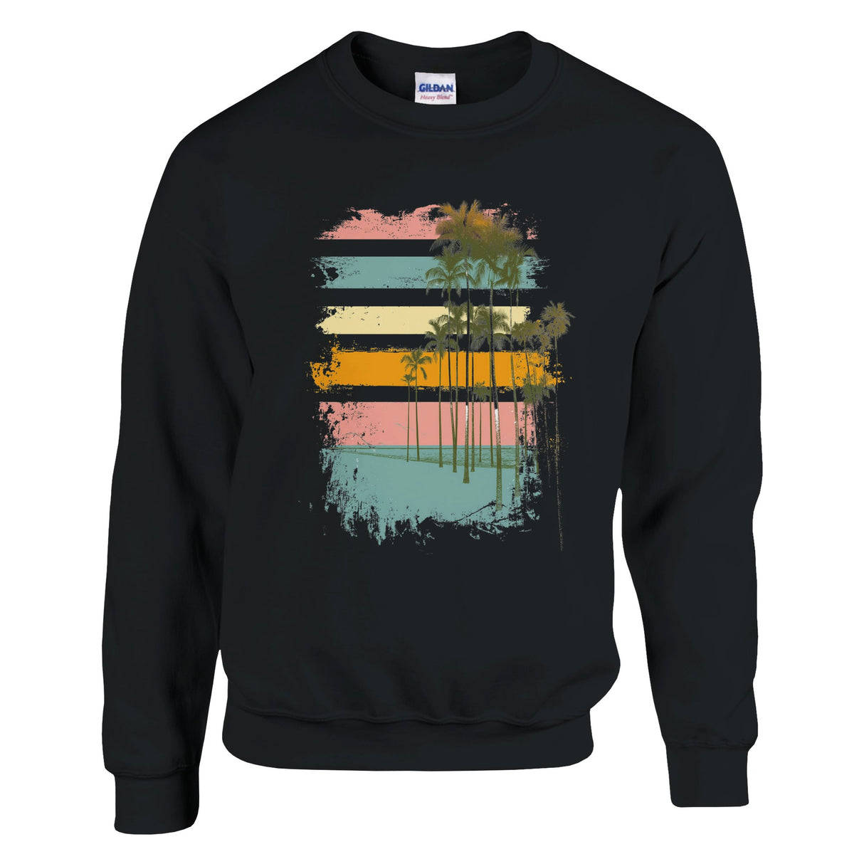 Black sweatshirt with a colorful palm tree design on a white background