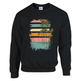 Black sweatshirt with a colorful palm tree design on a white background