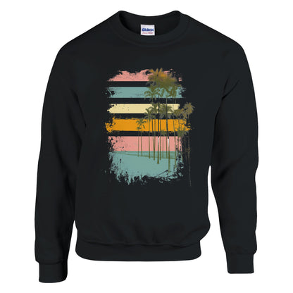 Black sweatshirt with a colorful palm tree design on a white background