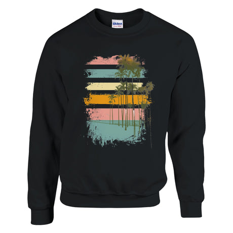 Black sweatshirt with a colorful palm tree design on a white background