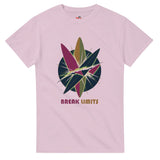 Pink t-shirt with colorful graphic design and 'Break Limits' text on a white background