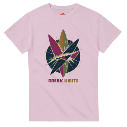 Pink t-shirt with colorful graphic design and 'Break Limits' text on a white background