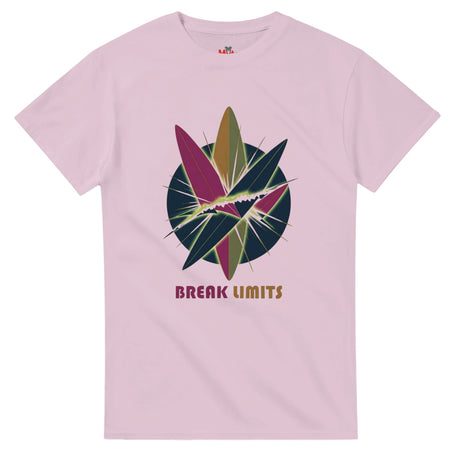 Pink t-shirt with colorful graphic design and 'Break Limits' text on a white background