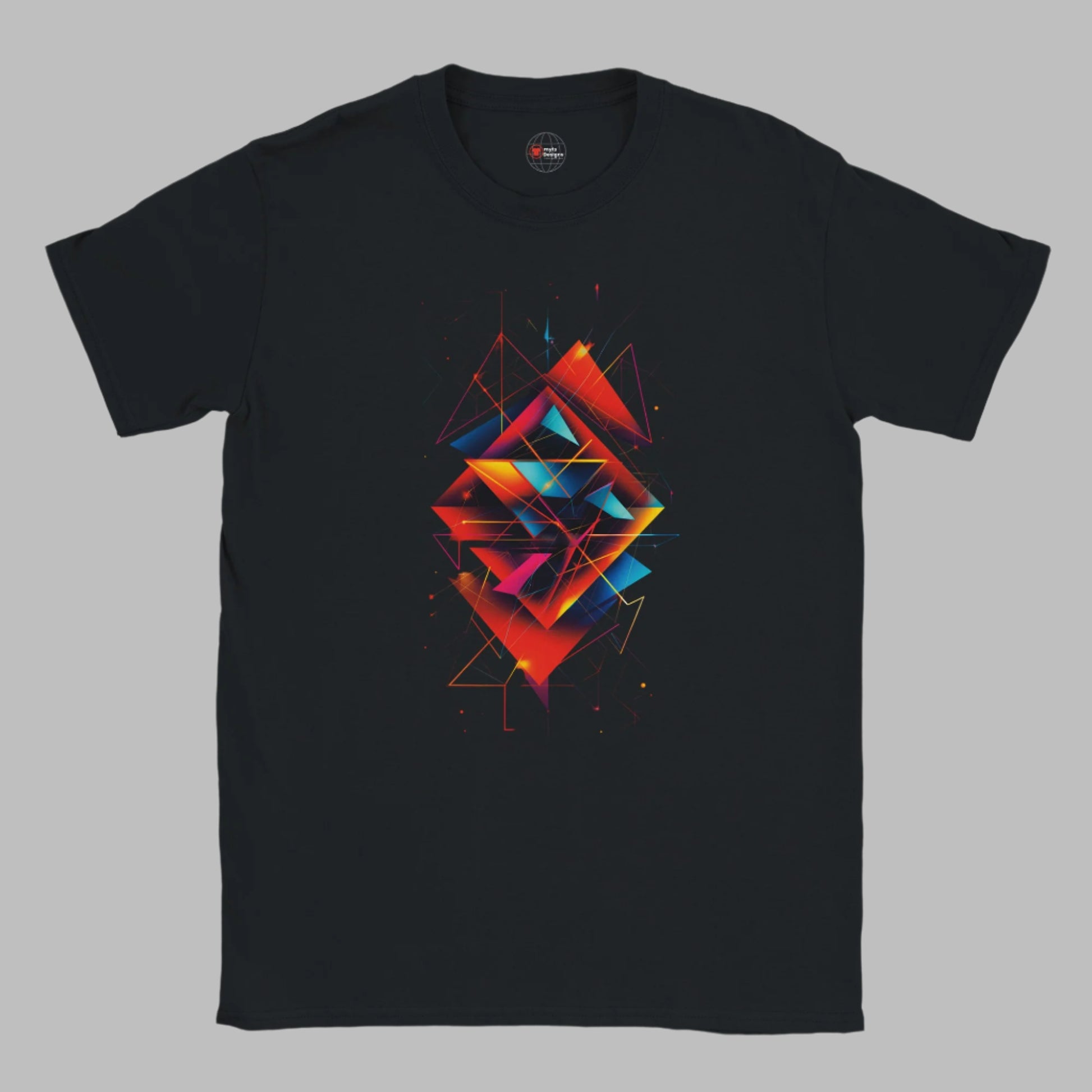 A neatly folded black T-shirt featuring a striking geometric abstract design in vivid neon colors including red, orange, pink, blue, and teal. The layered angular shapes form a symmetrical pattern with glowing lines and scattered dots, giving it a futuristic, high-energy feel. The shirt is branded with the "mytsDesigns" logo in red and white near the collar and lower corner, displayed against a clean light gray background.