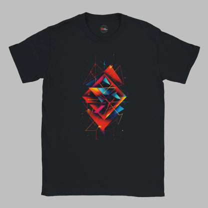 A neatly folded black T-shirt featuring a striking geometric abstract design in vivid neon colors including red, orange, pink, blue, and teal. The layered angular shapes form a symmetrical pattern with glowing lines and scattered dots, giving it a futuristic, high-energy feel. The shirt is branded with the "mytsDesigns" logo in red and white near the collar and lower corner, displayed against a clean light gray background.