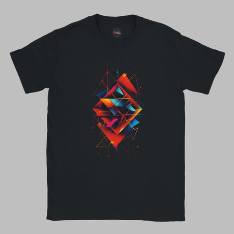 A neatly folded black T-shirt featuring a striking geometric abstract design in vivid neon colors including red, orange, pink, blue, and teal. The layered angular shapes form a symmetrical pattern with glowing lines and scattered dots, giving it a futuristic, high-energy feel. The shirt is branded with the "mytsDesigns" logo in red and white near the collar and lower corner, displayed against a clean light gray background.