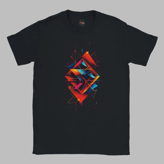 A neatly folded black T-shirt featuring a striking geometric abstract design in vivid neon colors including red, orange, pink, blue, and teal. The layered angular shapes form a symmetrical pattern with glowing lines and scattered dots, giving it a futuristic, high-energy feel. The shirt is branded with the "mytsDesigns" logo in red and white near the collar and lower corner, displayed against a clean light gray background.