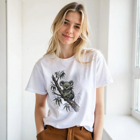 A blonde woman wearing a white short-sleeve crewneck t-shirt with a detailed black and gray watercolor graphic of a koala on a eucalyptus branch, paired with brown pants, standing in a bright, minimalist room.