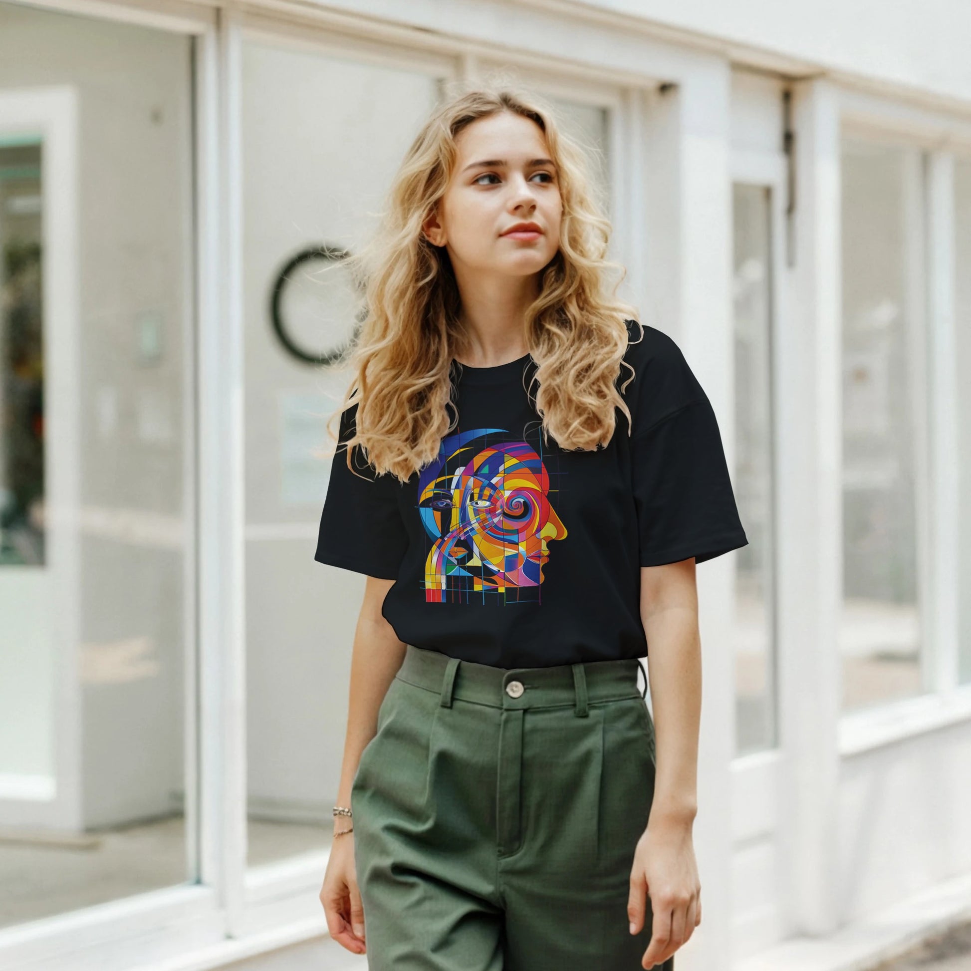 Woman wearing a black t-shirt with a colorful graphic design outdoors.