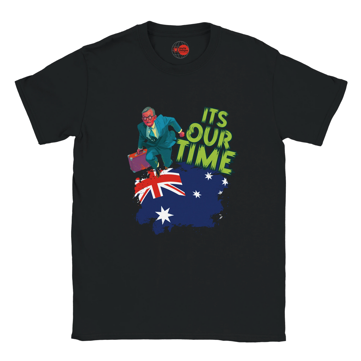 Black t-shirt with a graphic of a person on an Australia map with the flag, and 'It's Our Time' text.