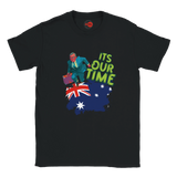 Black t-shirt with a graphic of a person on an Australia map with the flag, and 'It's Our Time' text.