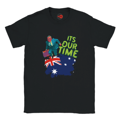 Black t-shirt with a graphic of a person on an Australia map with the flag, and 'It's Our Time' text.
