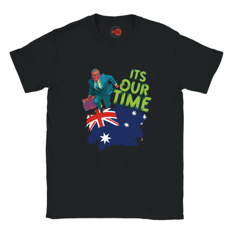 Black t-shirt with a graphic of a person on an Australia map with the flag, and 'It's Our Time' text.