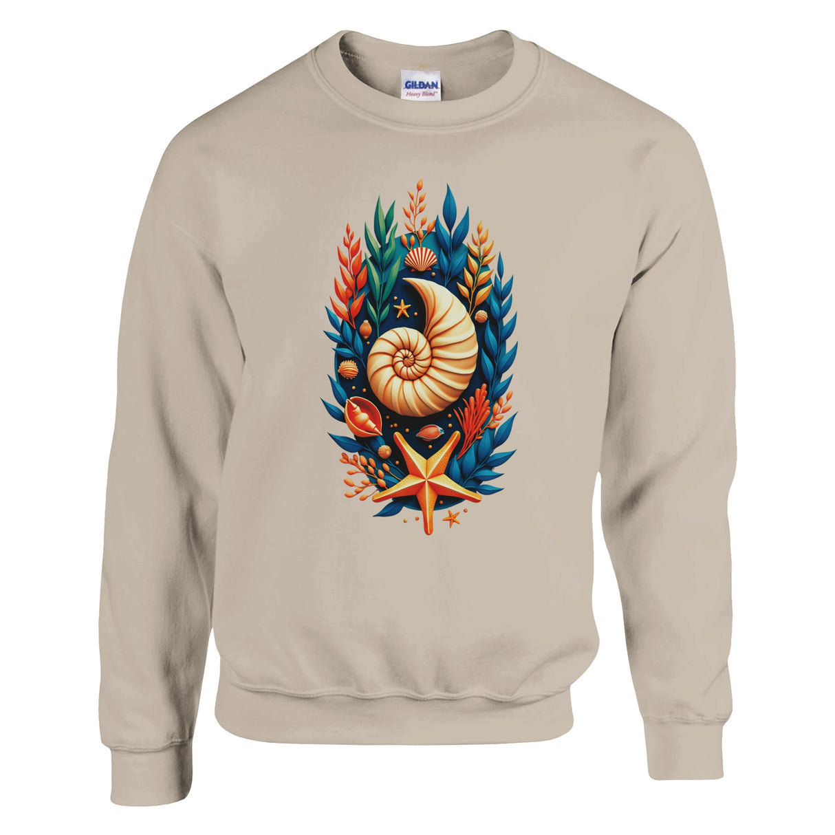 A beige crewneck sweatshirt featuring a colorful graphic print of a nautilus shell and starfish surrounded by seashells and leaves, displayed on a clean white background.