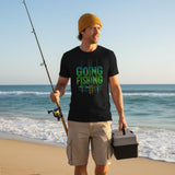 Man on a beach holding a fishing rod and tackle box, wearing a 'Going Fishing' t-shirt.