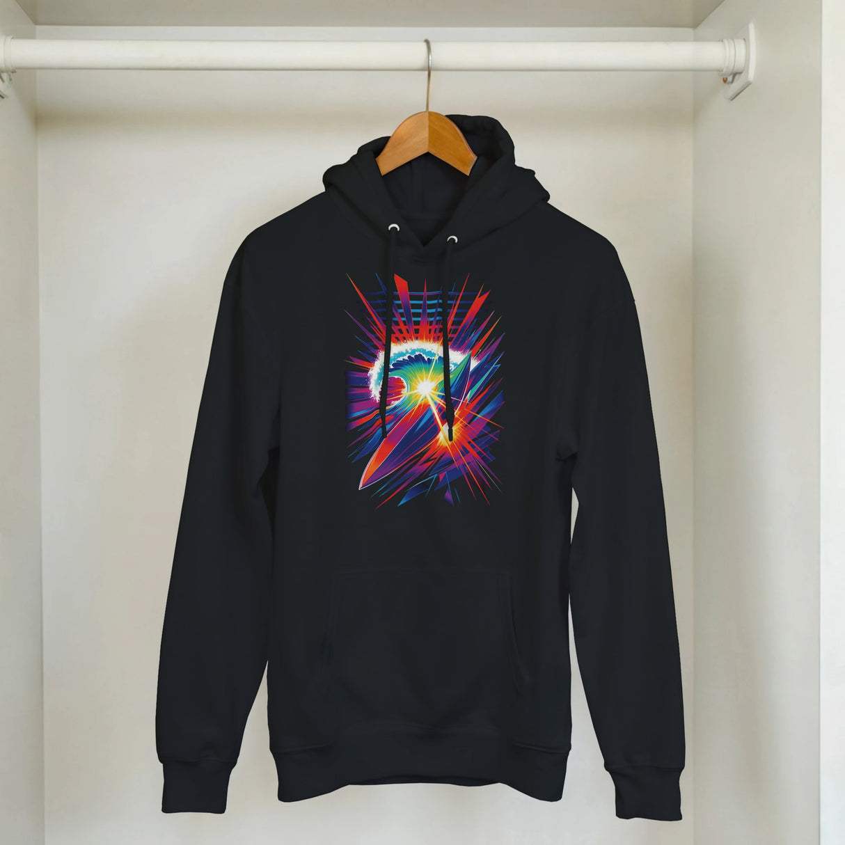 Black hoodie with a colorful graphic design on a hanger against a white wall.