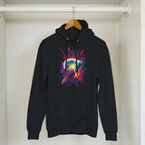 Black hoodie with a colorful graphic design on a hanger against a white wall.