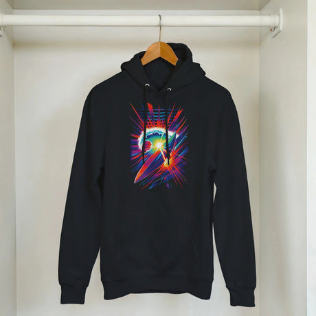 Black hoodie with a colorful graphic design on a hanger against a white wall.