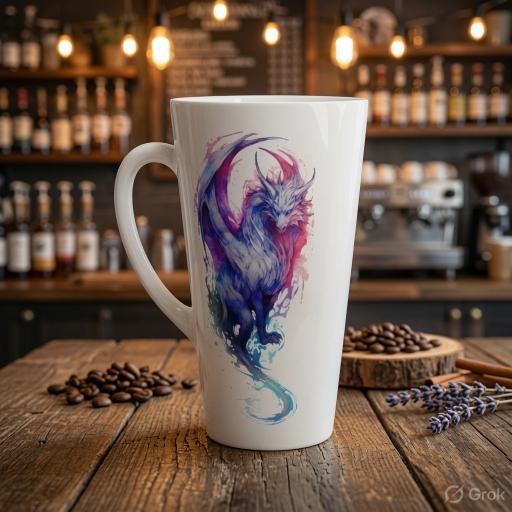 A tall white ceramic mug with a colorful fantasy dragon illustration in shades of blue, purple, and pink, set on a rustic wooden table with coffee beans and lavender in a cozy, blurred cafe background.