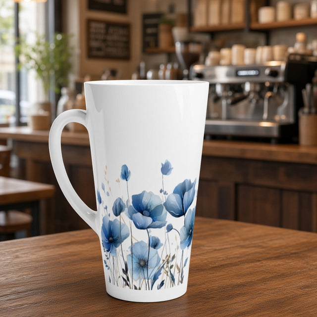 A tall white ceramic mug with a blue watercolor floral print, set on a wooden table in a blurred coffee shop background.