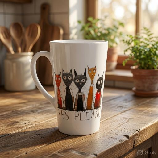 A white ceramic mug with a handle, featuring a graphic of five cartoon cats in different colors and the text 'YES PLEASE' printed below. The mug is placed on a rustic wooden table in a kitchen setting with blurred background elements including potted plants and wooden utensils.