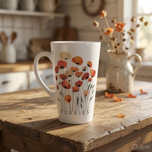 A white ceramic mug decorated with a colorful poppy floral design and the word 'POPPIES' printed near the bottom, set on a rustic wooden table in a softly blurred kitchen setting.