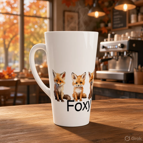 A tall white ceramic latte mug with a handle, featuring a printed graphic of three cute foxes and the partial text 'Foxy' in black, set on a wooden table in a warm, blurred coffee shop background.