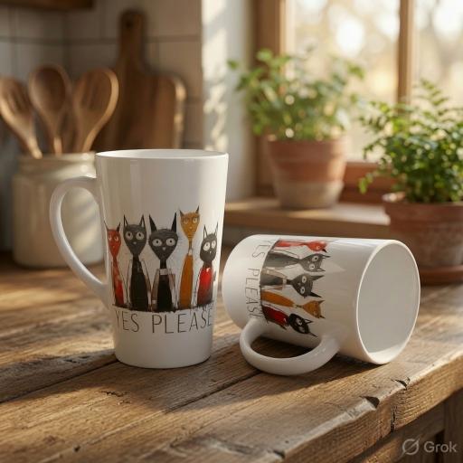 Two white ceramic mugs with a colorful cat illustration and the text 'YES PLEASE' are displayed on a rustic wooden table in a warm, sunlit kitchen setting.