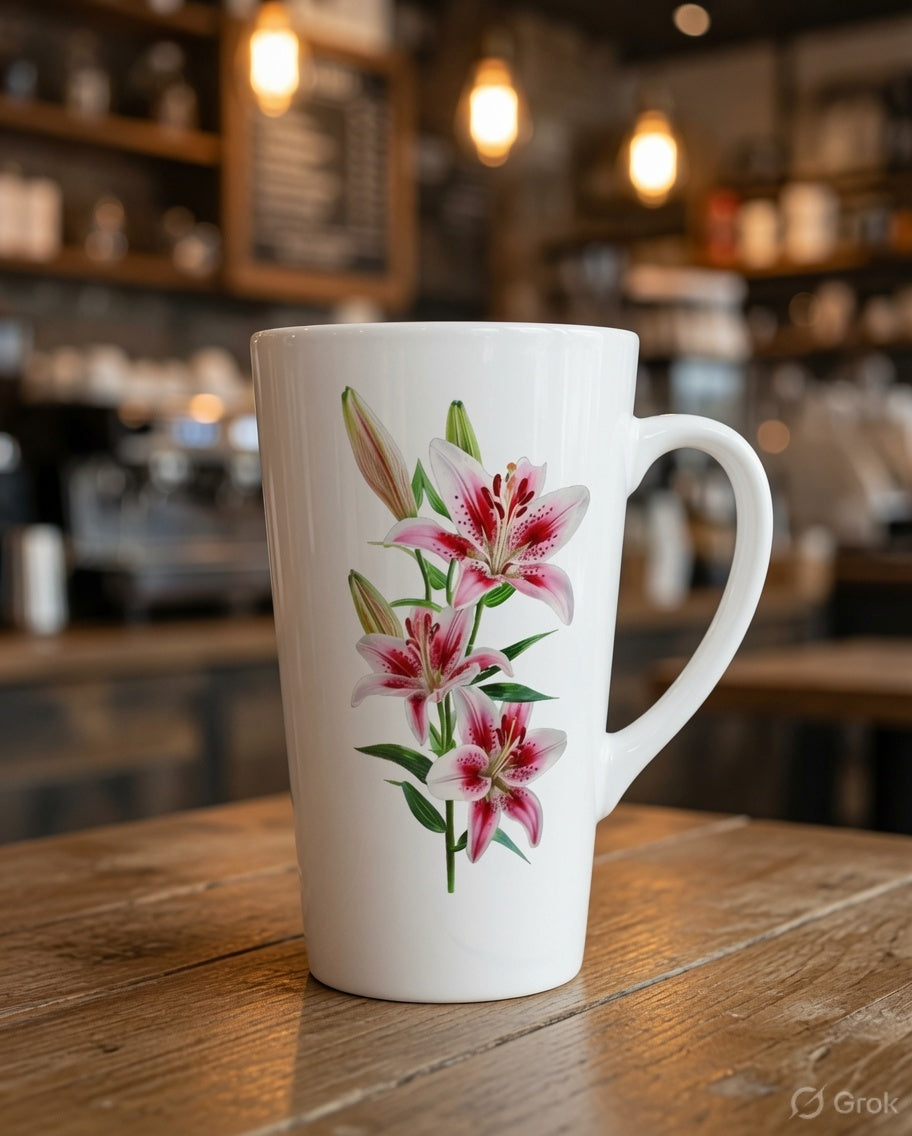 A tall white ceramic coffee mug with a pink and white lily floral print, sitting on a rustic wooden table in a blurred cafe setting.