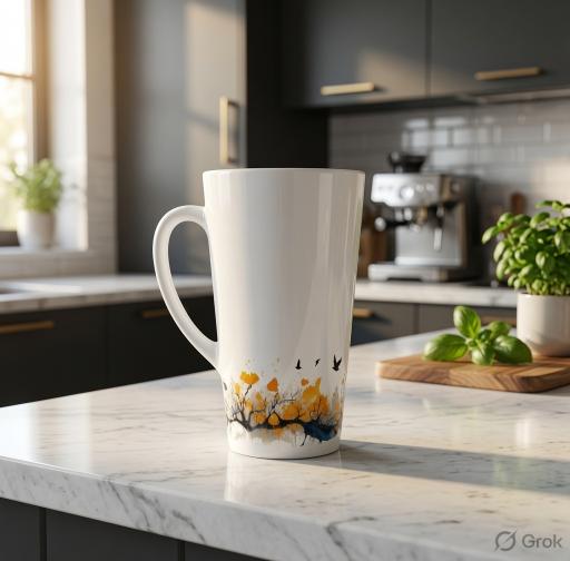 A tall white ceramic mug with a yellow and blue floral design near the bottom, placed on a marble kitchen countertop with a blurred modern kitchen in the background.