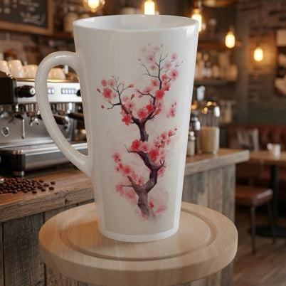 A tall white ceramic latte mug with a pink and red cherry blossom tree design, displayed on a wooden stand in a cozy, blurred coffee shop setting.