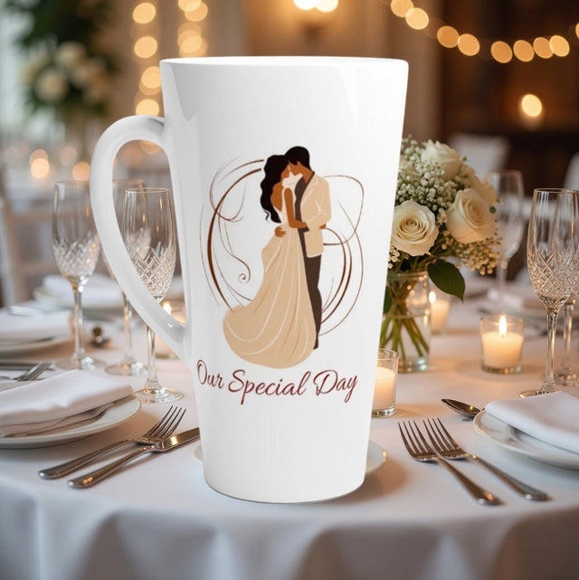 A tall white ceramic wedding toast mug with a handle, featuring an illustration of a bride and groom and the text 'Our Special Day' printed on the front. The mug is set on a decorated wedding table with plates, glasses, and candles.