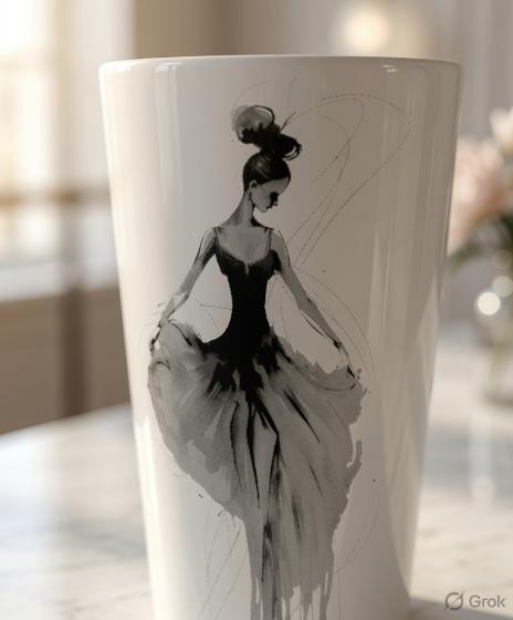 A tall white ceramic cup featuring a black and gray artistic illustration of a ballerina in a flowing dress, set against a softly blurred indoor background.