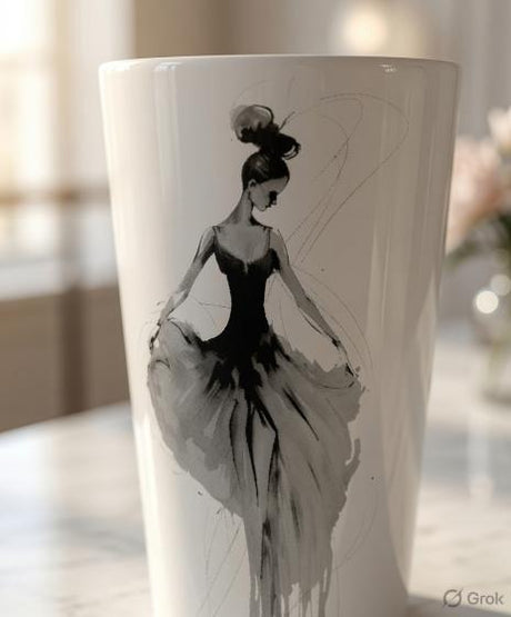 A tall white ceramic cup featuring a black and gray artistic illustration of a ballerina in a flowing dress, set against a softly blurred indoor background.