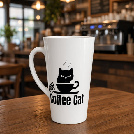 A white ceramic coffee mug with a black graphic of a cat in a cup and the text 'Coffee Cat' on the front, sitting on a wooden table in a blurred cafe setting.